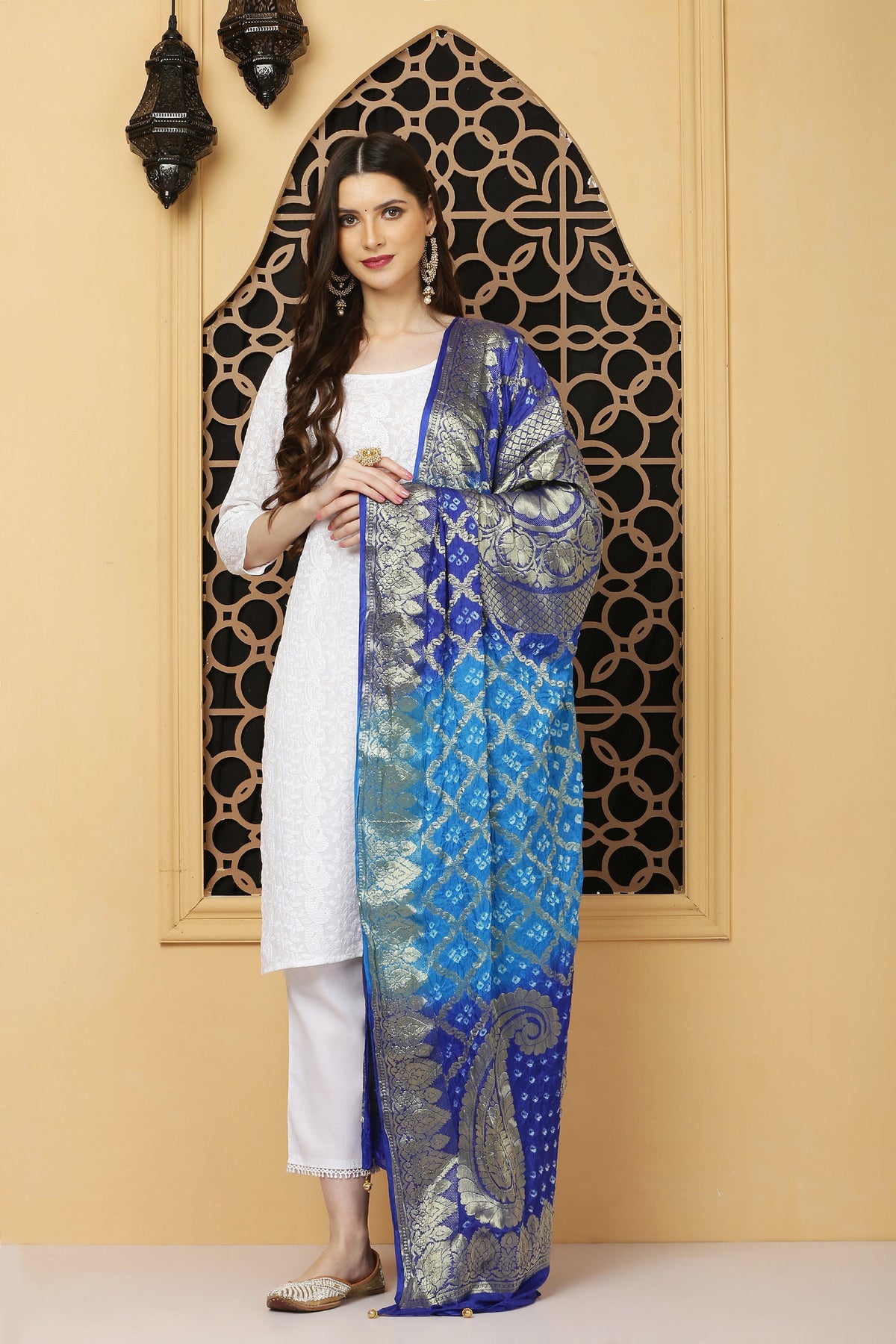 अks-Banarasi Bandhej Dupatta-Blues
