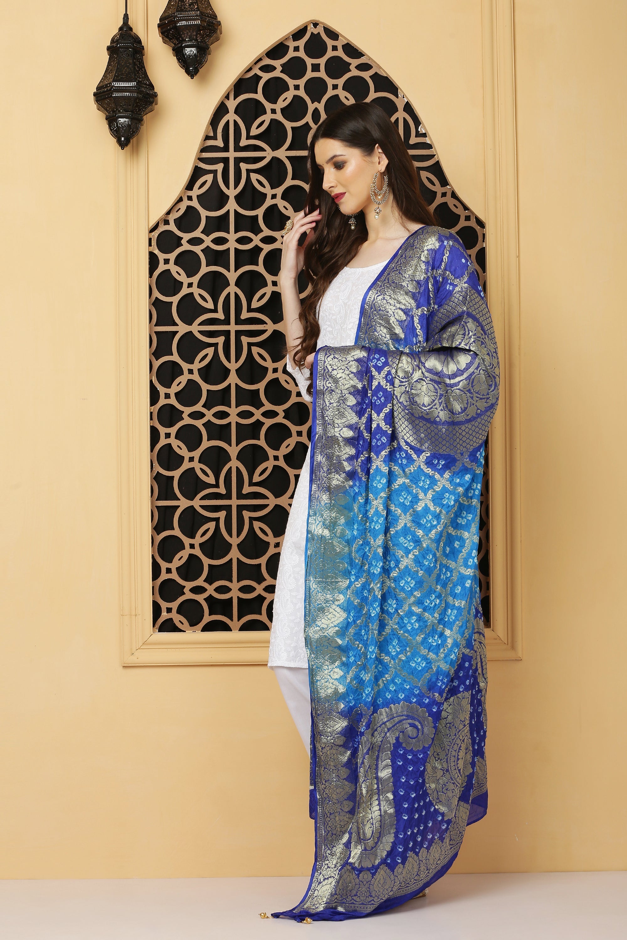 अks-Banarasi Bandhej Dupatta-Blues