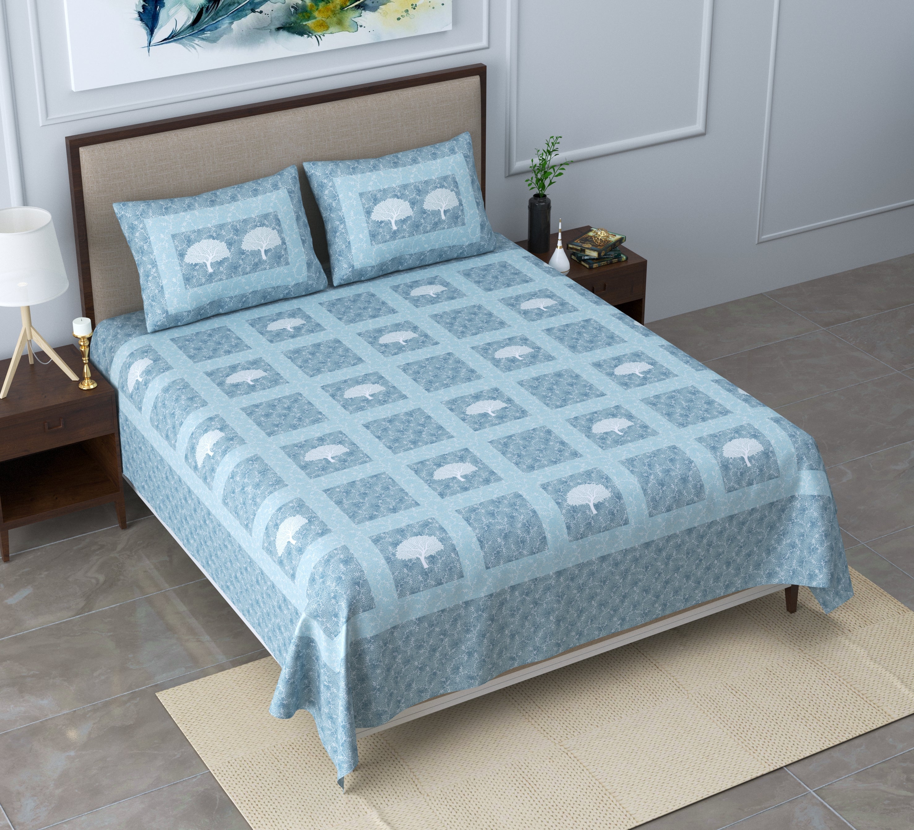 Pure Cotton Printed Bedsheet- Double Bed - Tree Motif- Bluish green