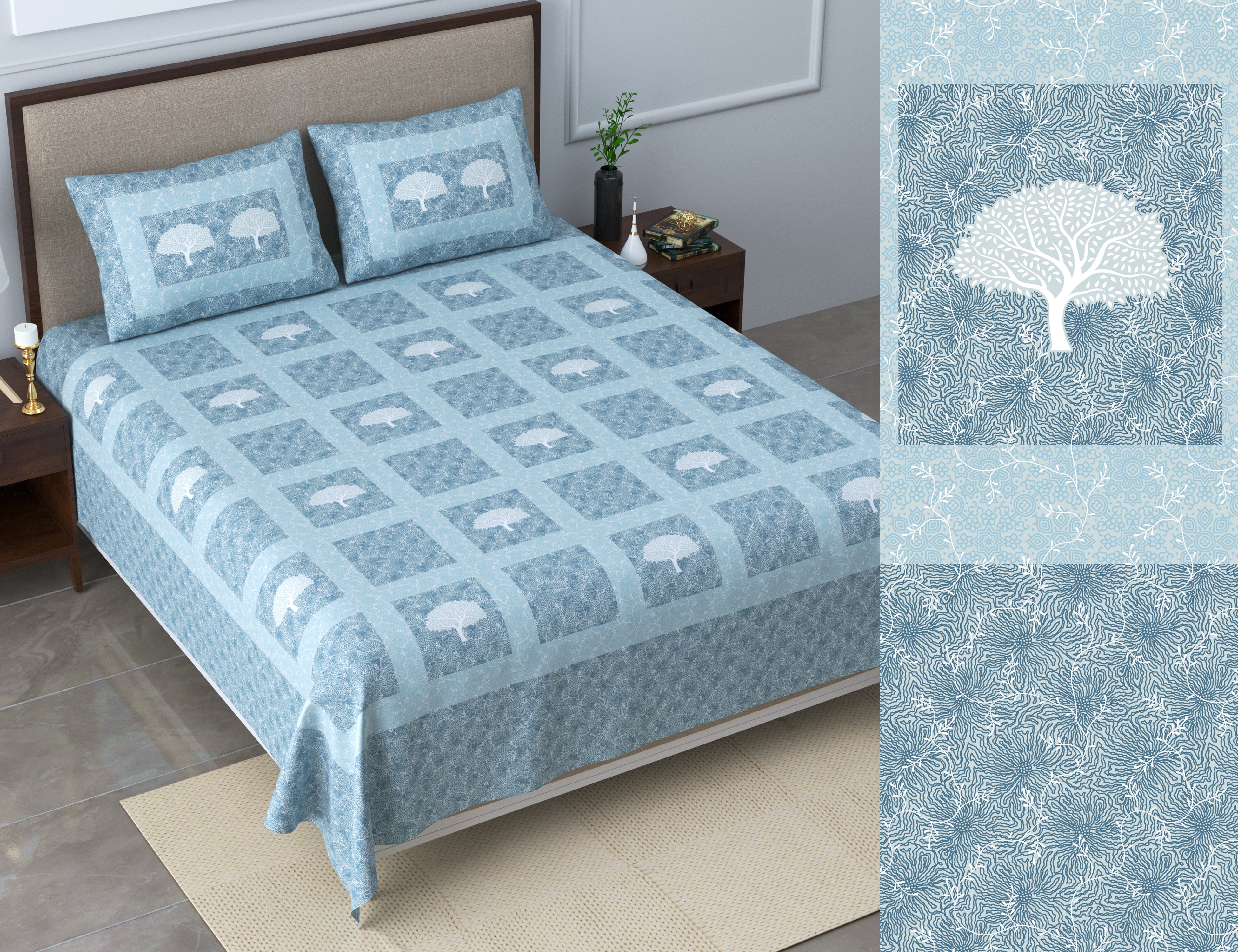 Pure Cotton Printed Bedsheet- Double Bed - Tree Motif- Bluish green