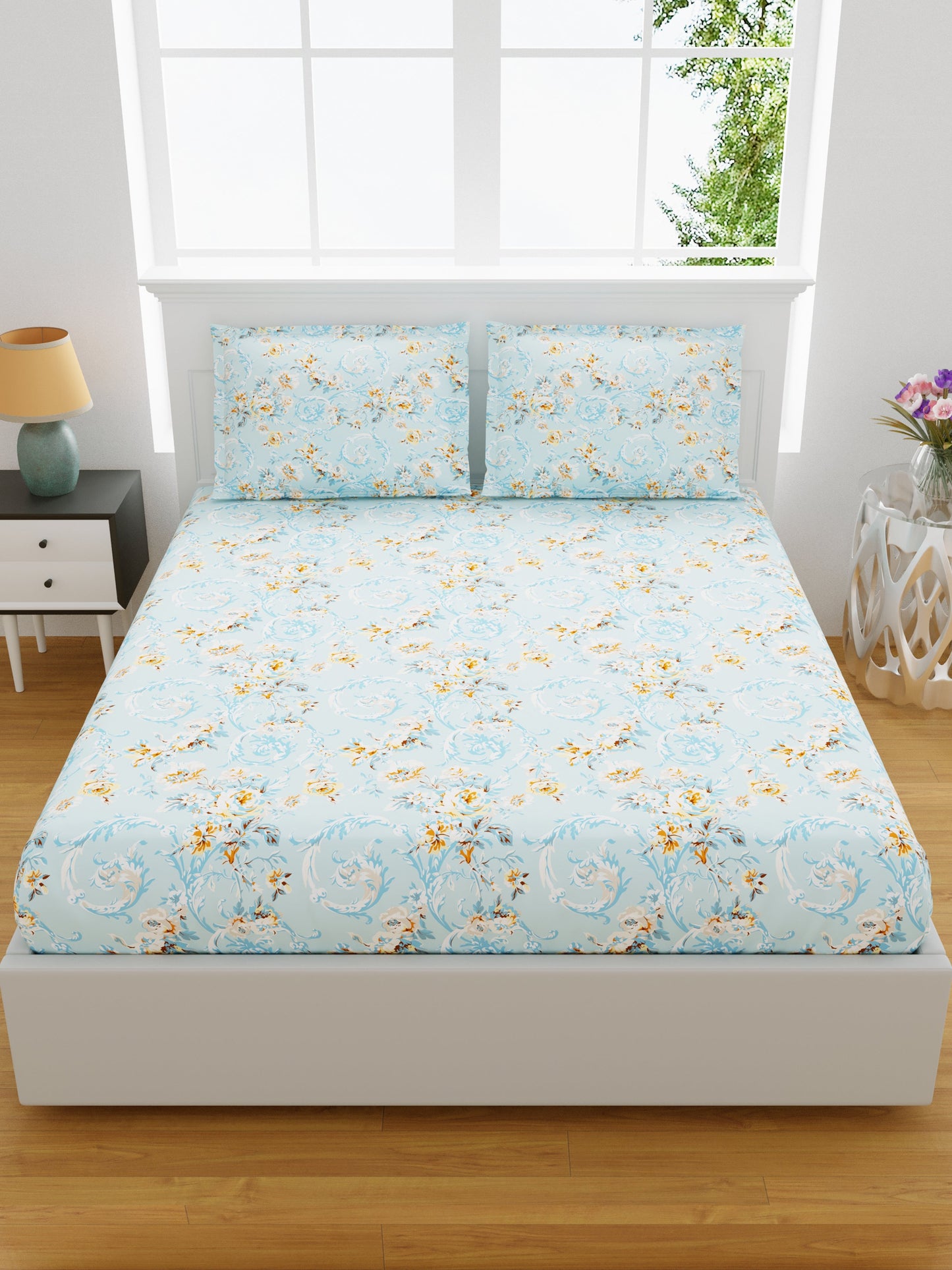 Pure Cotton Printed Bedsheet- Double Bed -Sky Blue Rose