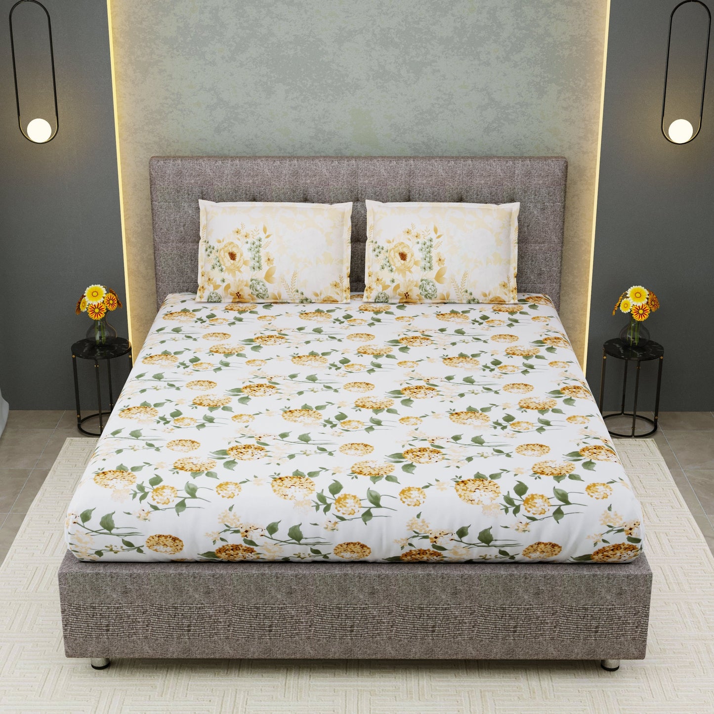 Pure Cotton Printed Bedsheet- Double Bed -Daisy Yellow Bloom