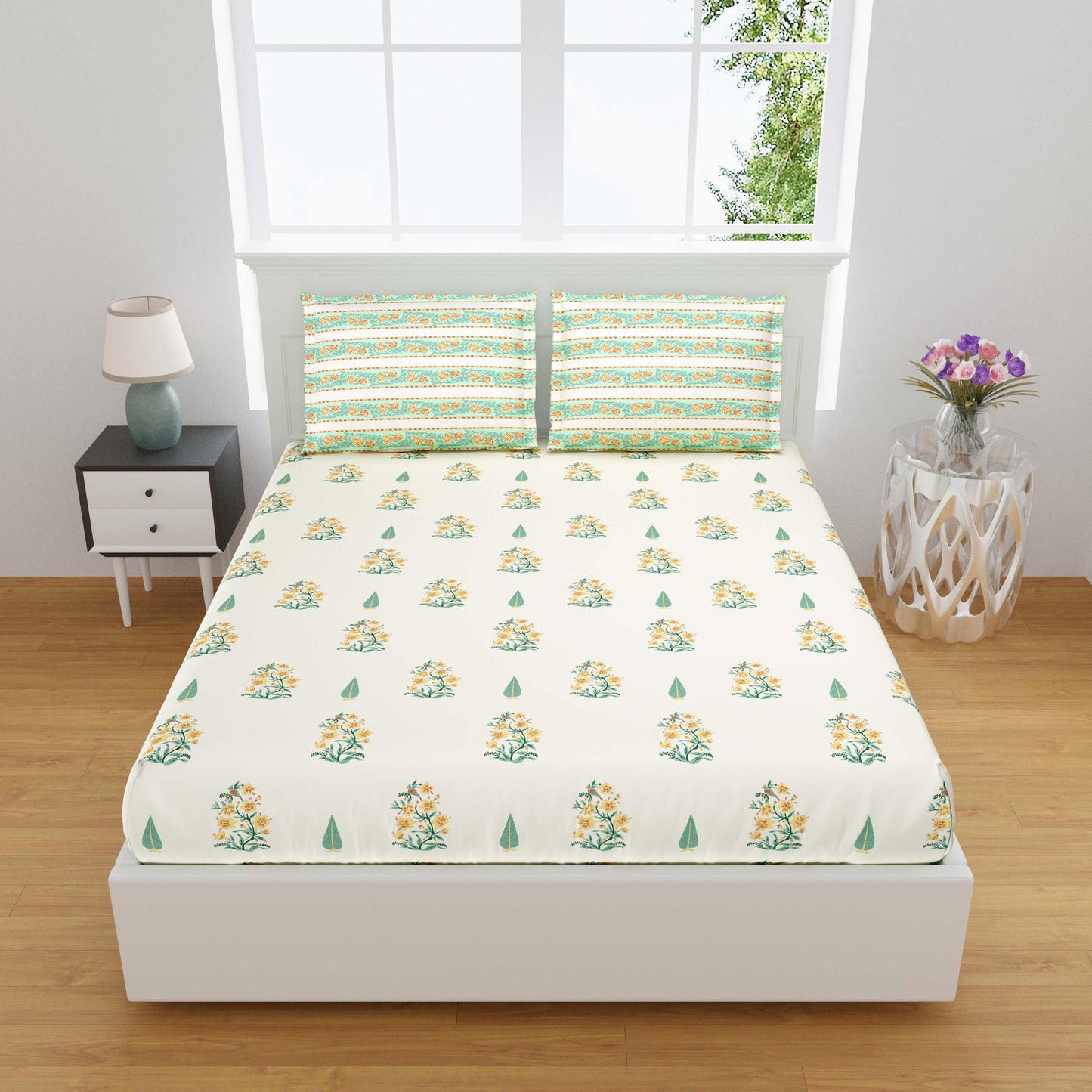 Pure Cotton Printed Bedsheet- Double Bed -Daisy Yellow