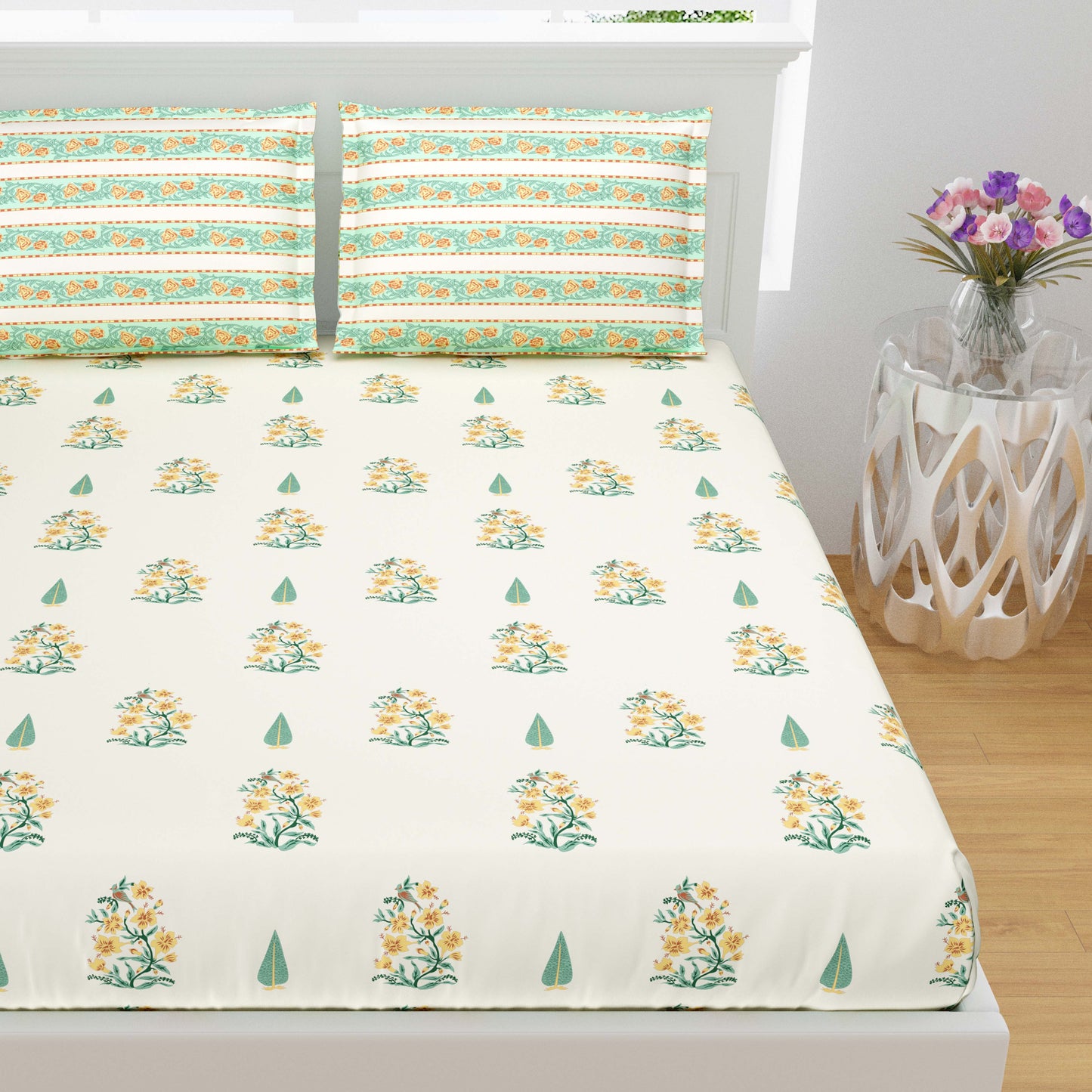 Pure Cotton Printed Bedsheet- Double Bed -Daisy Yellow