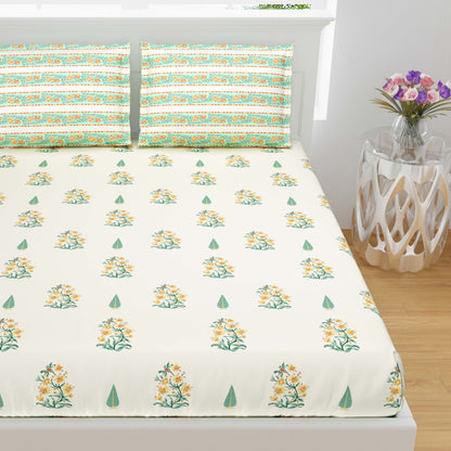 Pure Cotton Printed Bedsheet- Double Bed -Daisy Yellow