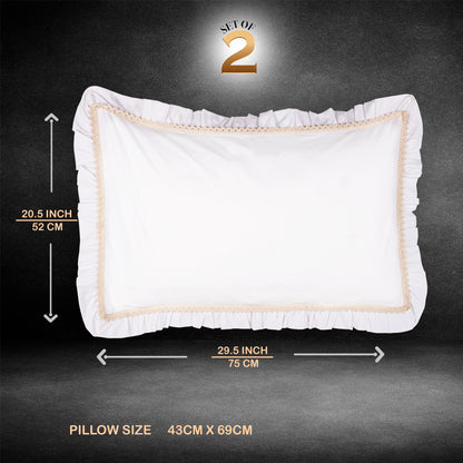 Pillow Covers-Plain Color-White with Cream Lace- Pair
