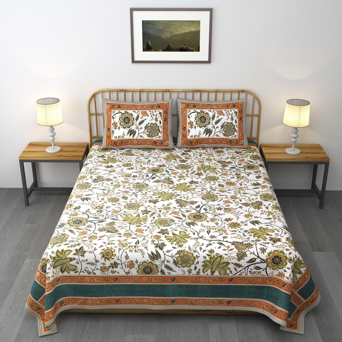 Pure Cotton Printed Bedsheet- Double Bed -Golden Green Flora