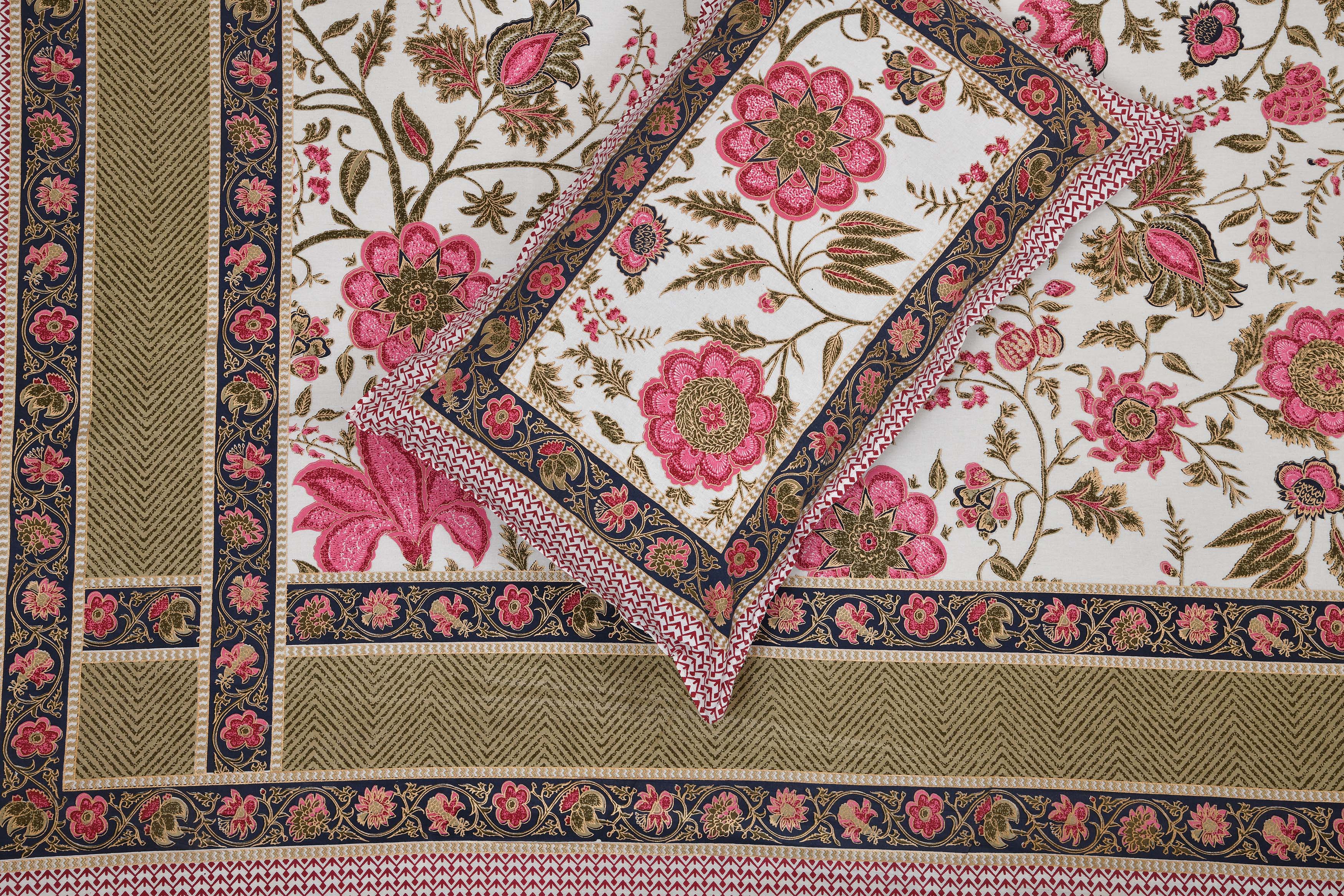 Pure Cotton Printed Bedsheet- Double Bed -Golden Pink Flora