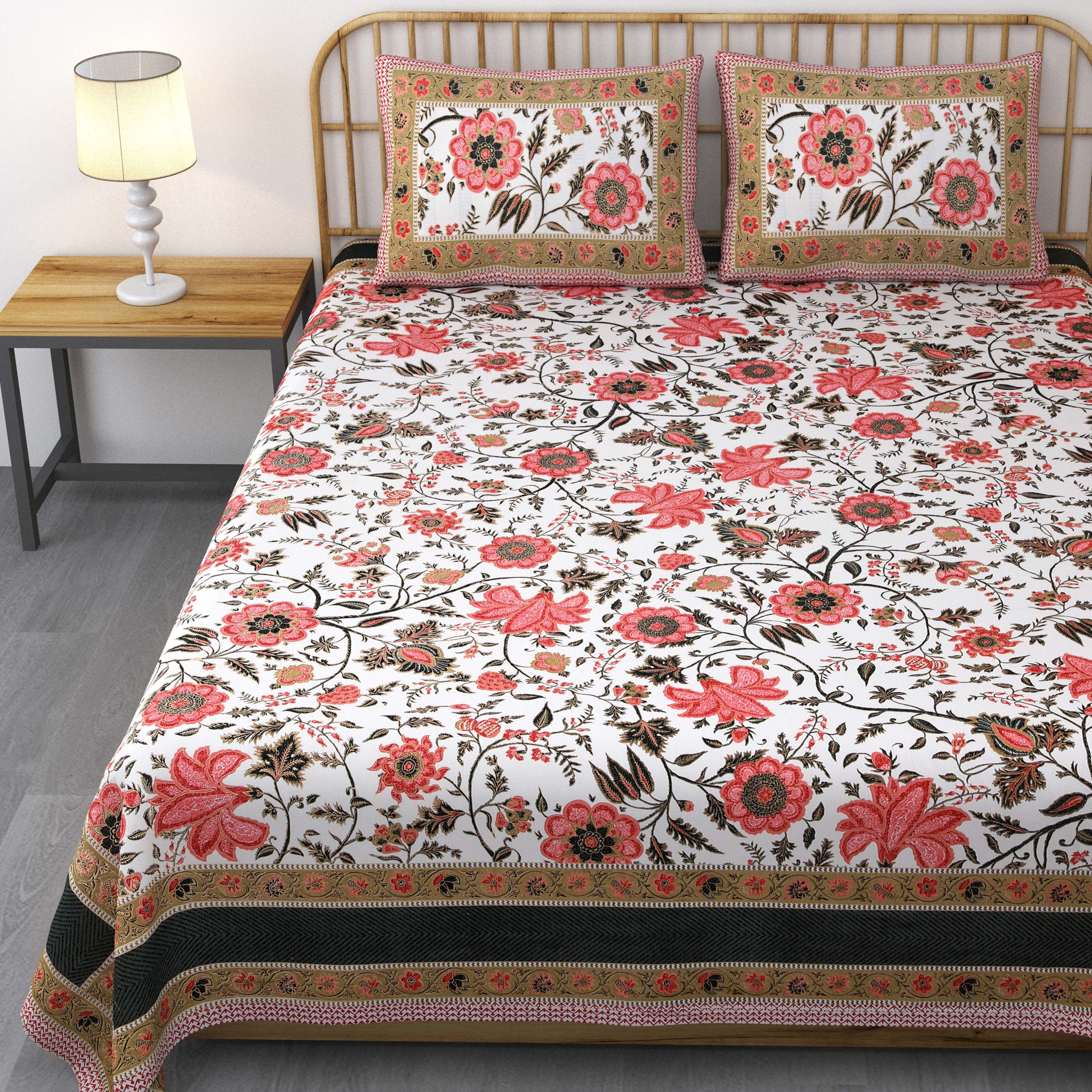 Pure Cotton Printed Bedsheet- Double Bed -Golden Red Flora