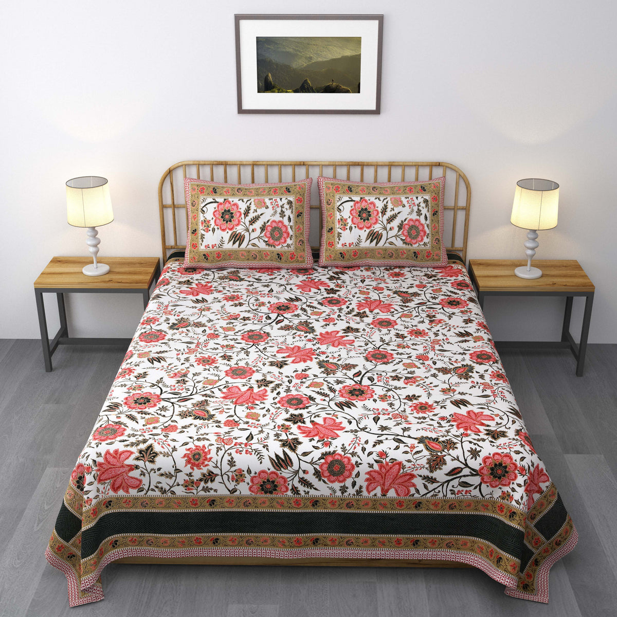 Pure Cotton Printed Bedsheet- Double Bed -Golden Red Flora