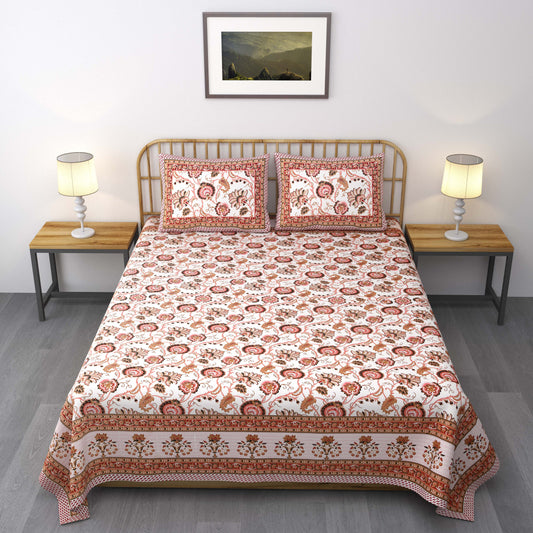 Pure Cotton Printed Bedsheet- Double Bed -Golden Pink Bouquet
