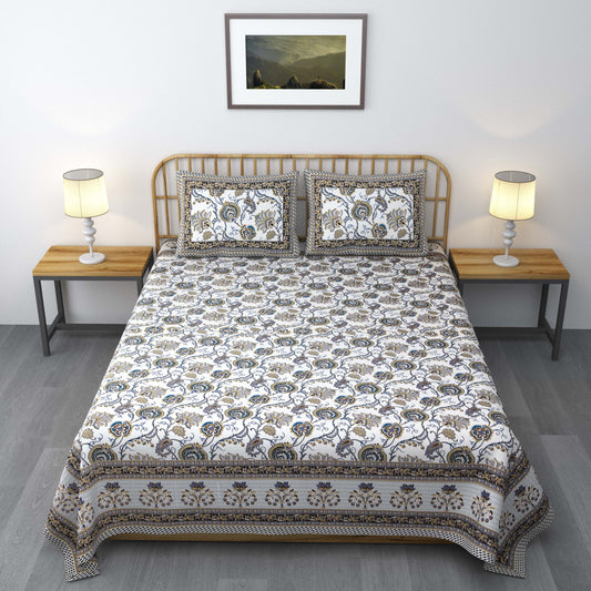 Pure Cotton Printed Bedsheet- Double Bed -Golden Blue Bouquet