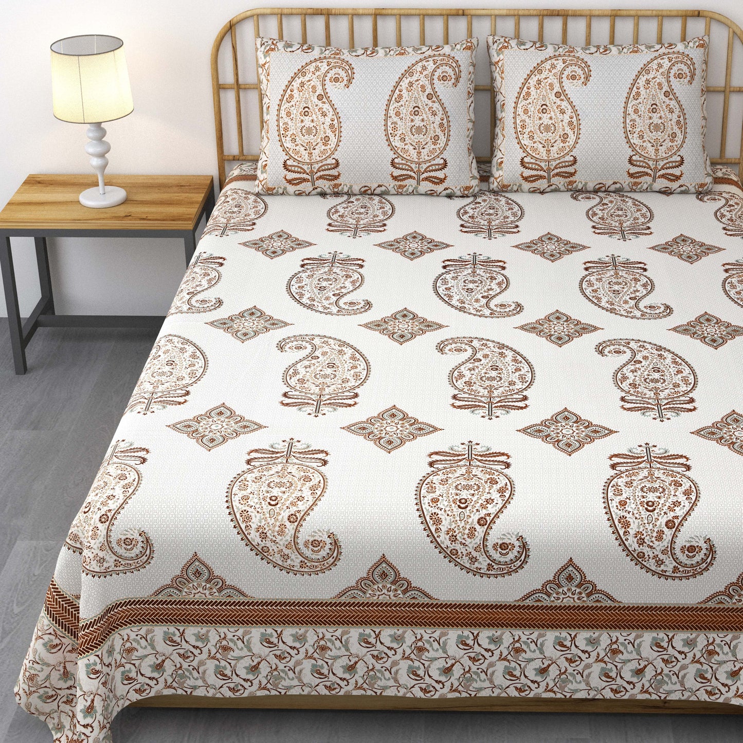 Pure Cotton Printed Bedsheet- Double Bed -Golden Light Blue Paisely