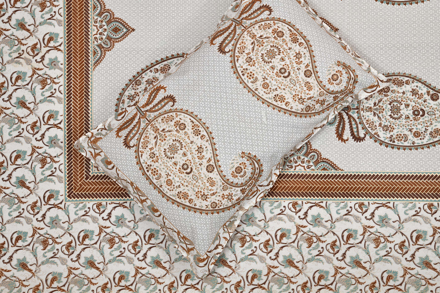 Pure Cotton Printed Bedsheet- Double Bed -Golden Light Blue Paisely