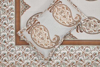 Pure Cotton Printed Bedsheet- Double Bed -Golden Light Blue Paisely