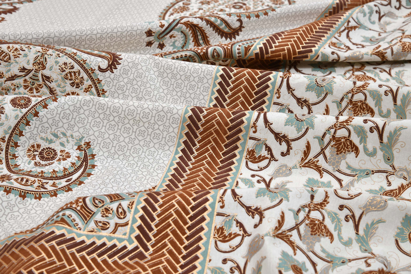 Pure Cotton Printed Bedsheet- Double Bed -Golden Light Blue Paisely
