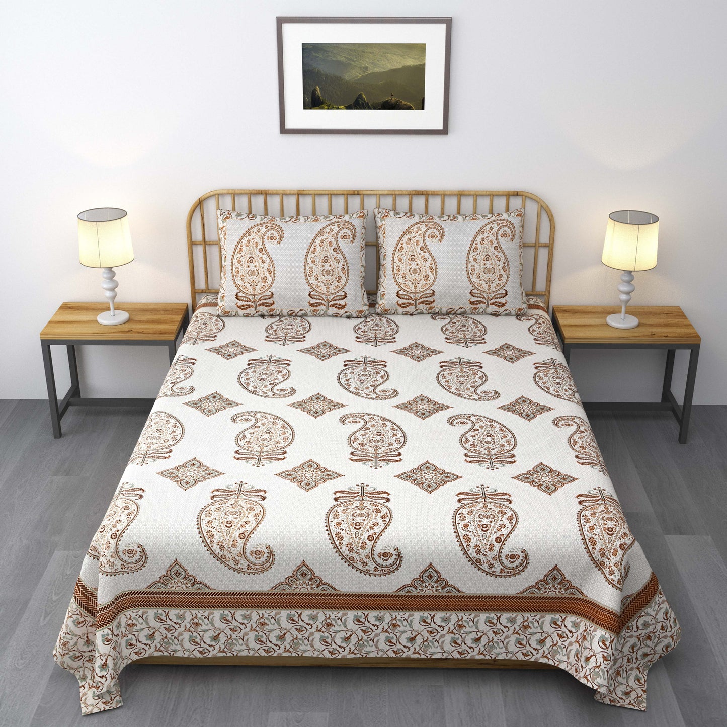 Pure Cotton Printed Bedsheet- Double Bed -Golden Light Blue Paisely