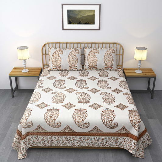 Pure Cotton Printed Bedsheet- Double Bed -Golden Light Blue Paisely
