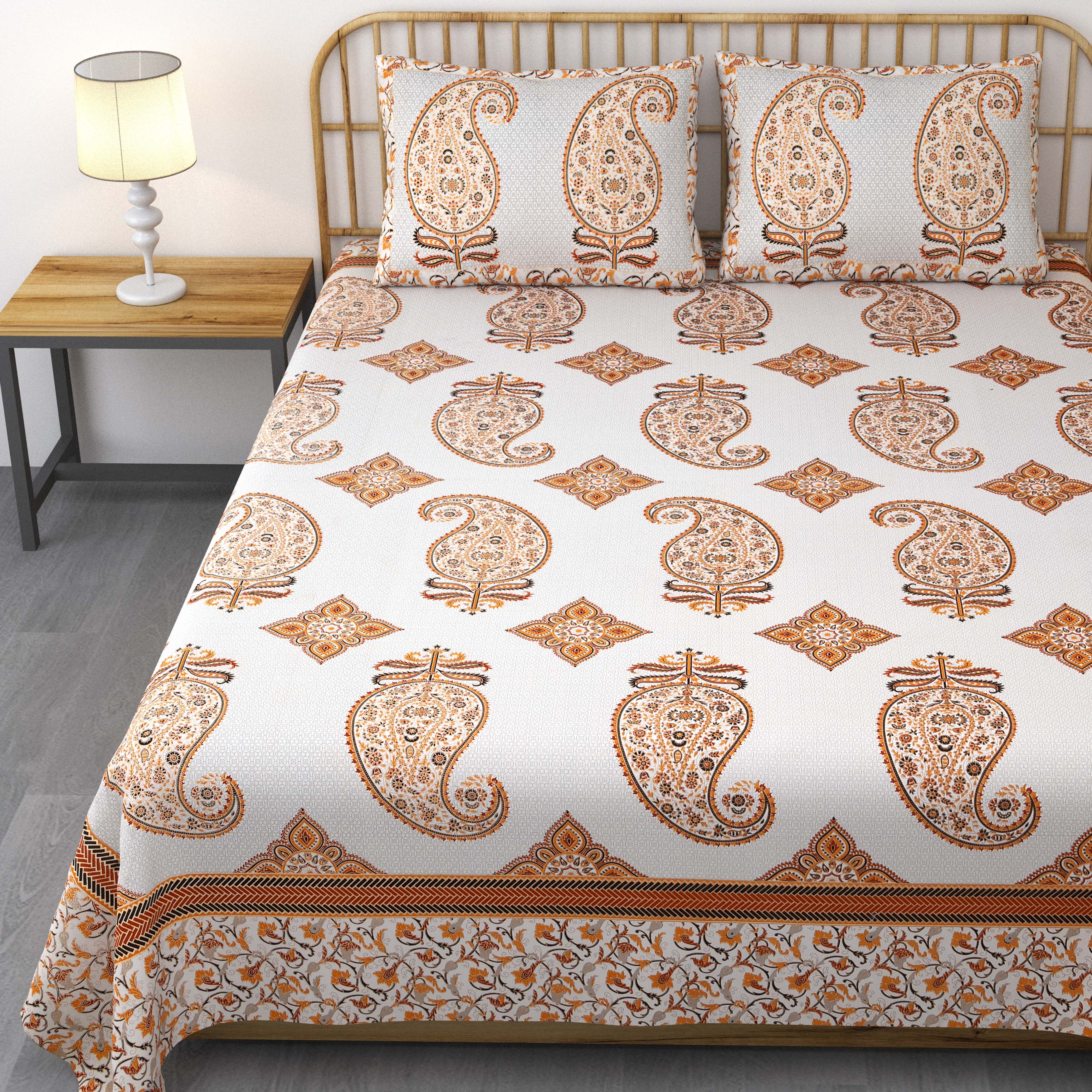 Ethnic Prints Bedsheet- Double Bed -Golden Orange Paisely