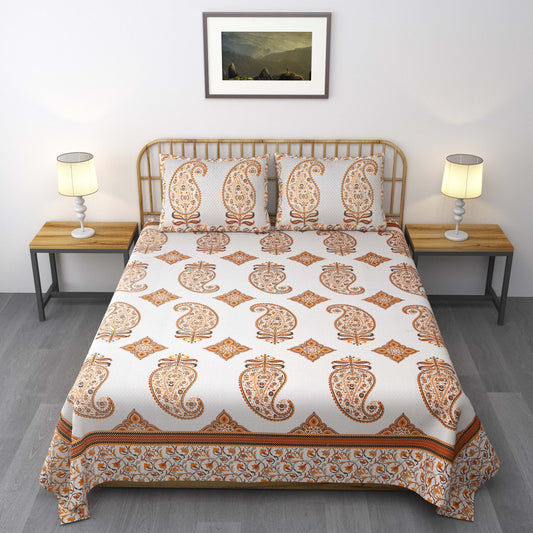 Pure Cotton Printed Bedsheet- Double Bed -Golden Orange Paisely