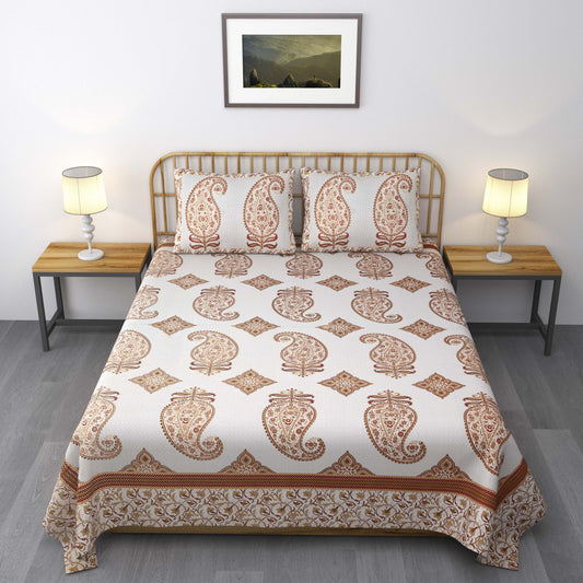Pure Cotton Printed Bedsheet- Double Bed -Golden Beige Paisely