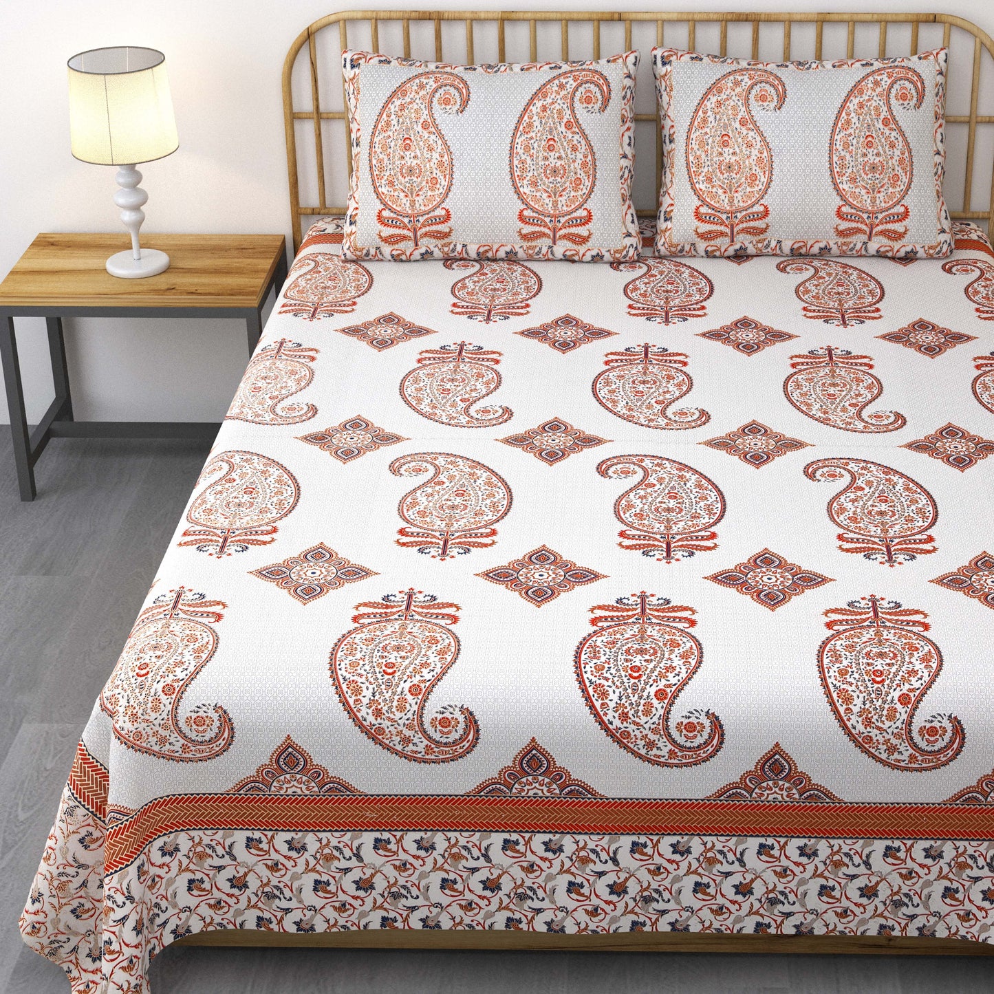 Pure Cotton Printed Bedsheet- Double Bed -Golden Blue Paisely