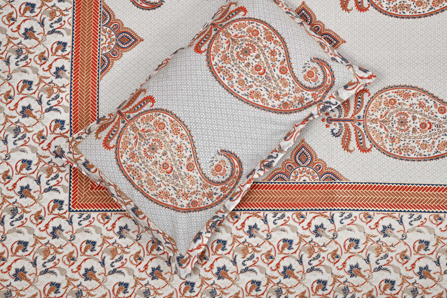 Pure Cotton Printed Bedsheet- Double Bed -Golden Blue Paisely