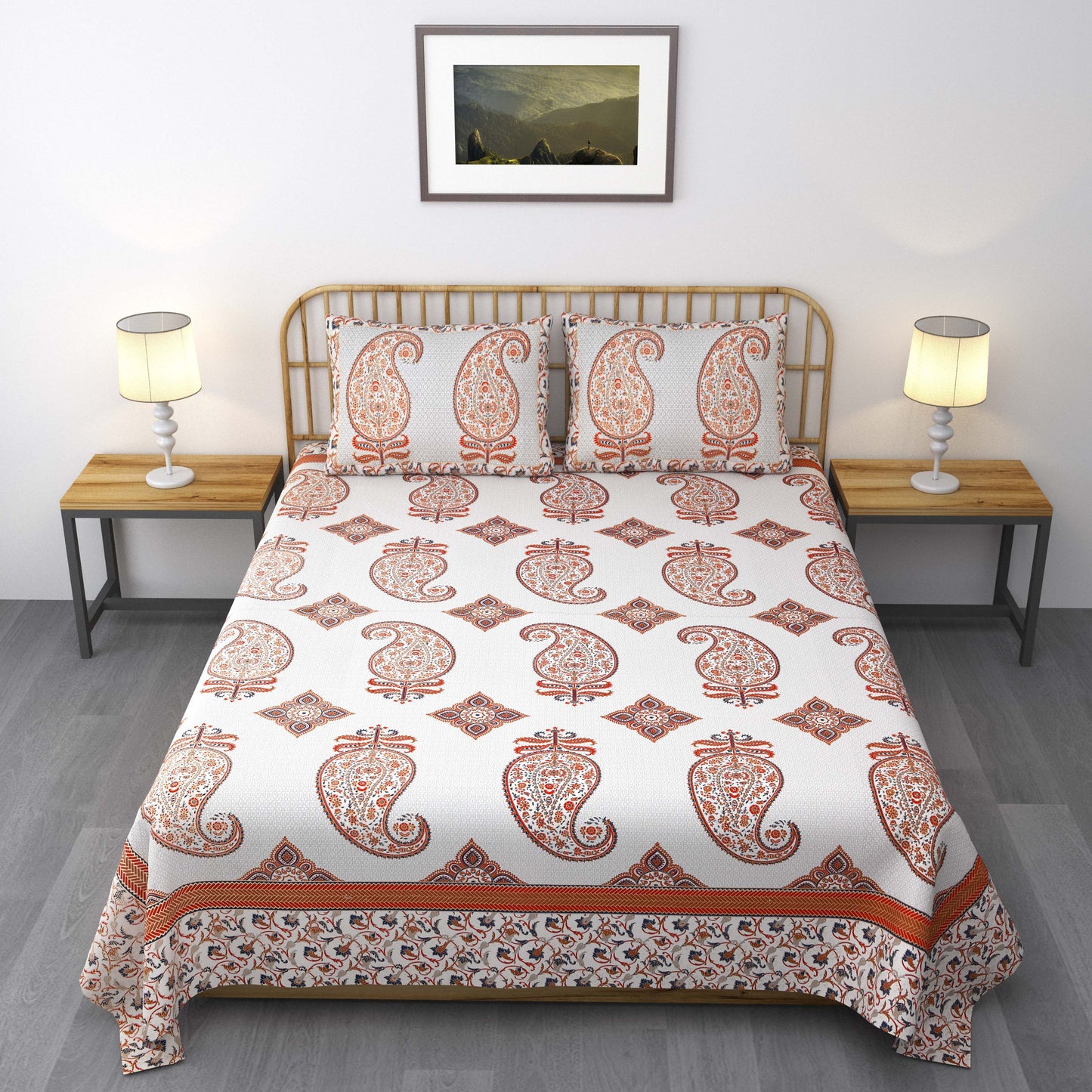 Pure Cotton Printed Bedsheet- Double Bed -Golden Blue Paisely