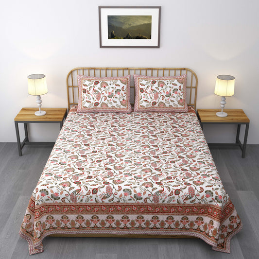Pure Cotton Printed Bedsheet- Double Bed -Golden Pink Peacock