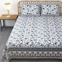 Pure Cotton Printed Bedsheet- Double Bed -Golden Blue Peacock