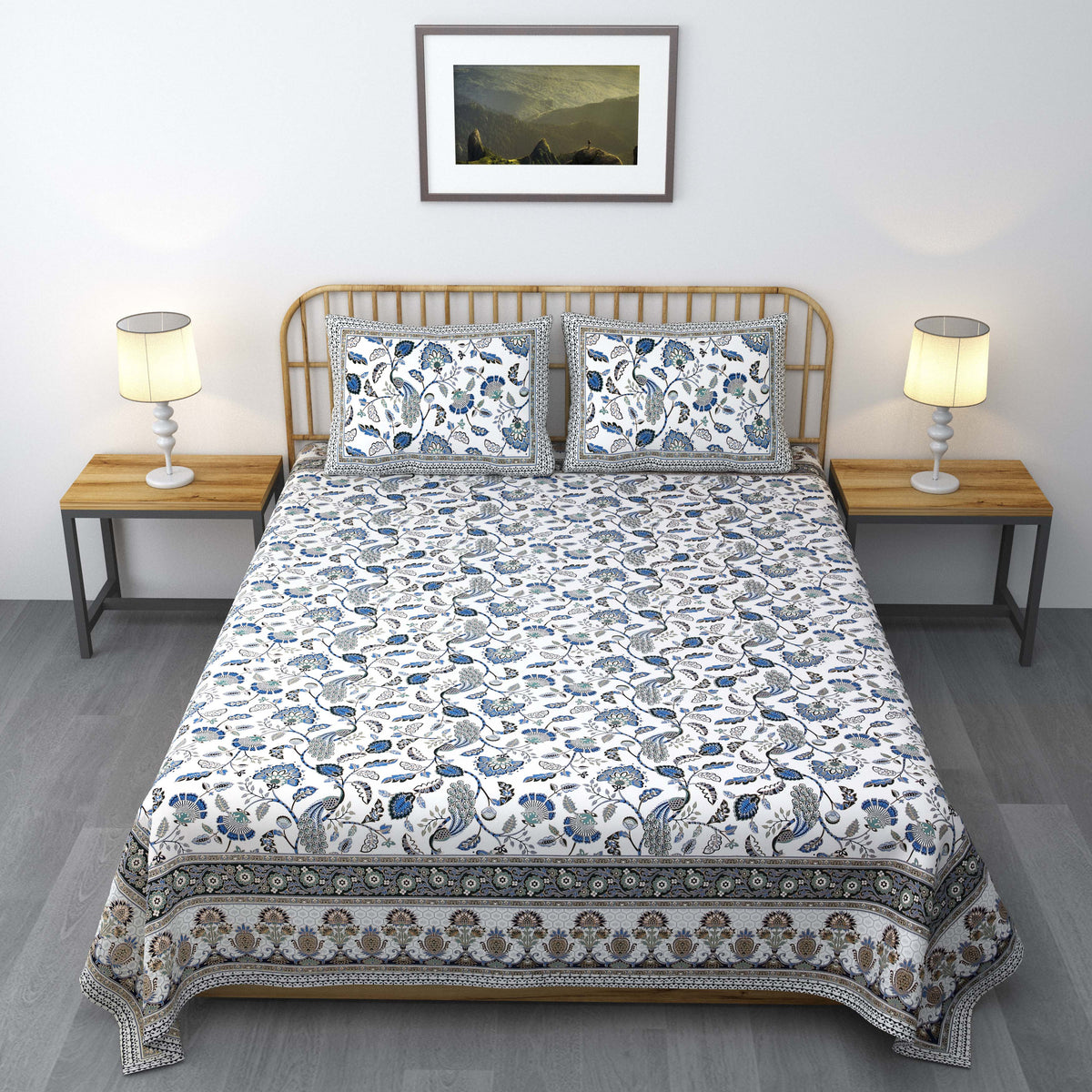 Pure Cotton Printed Bedsheet- Double Bed -Golden Blue Peacock