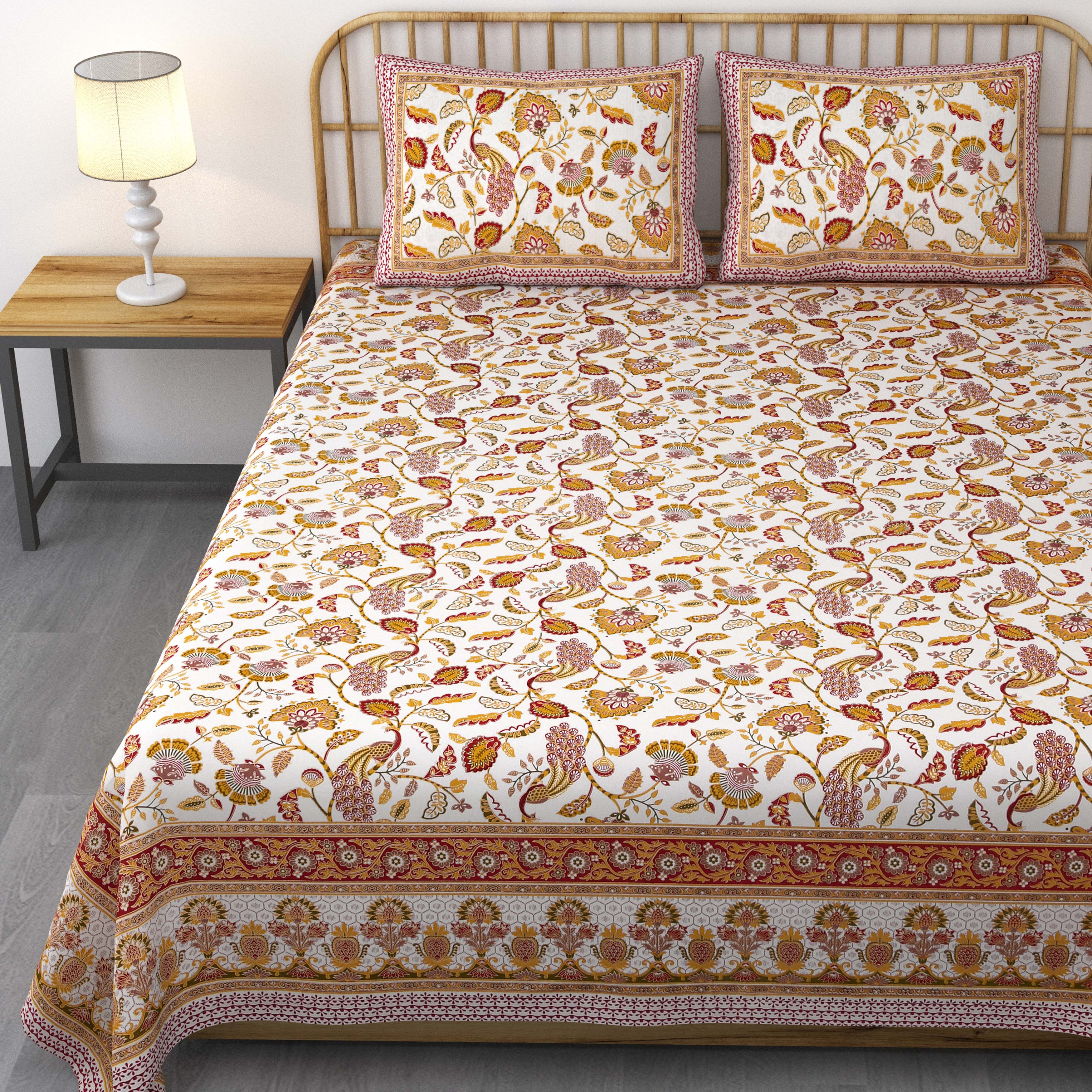 Pure Cotton Printed Bedsheet- Double Bed - Golden Yellow Peacock