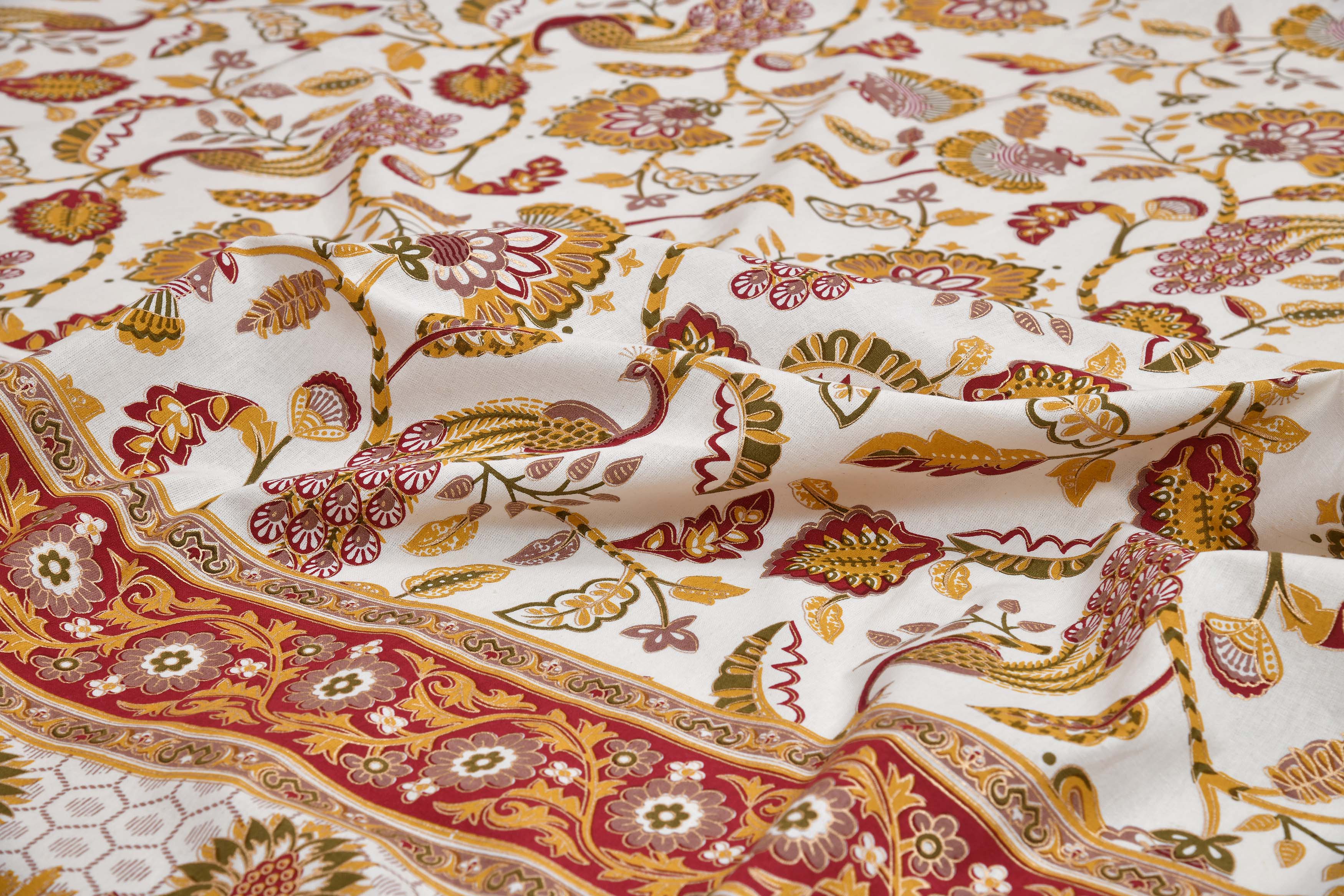 Ethnic Prints Bedsheet- Double Bed - Golden Yellow Peacock