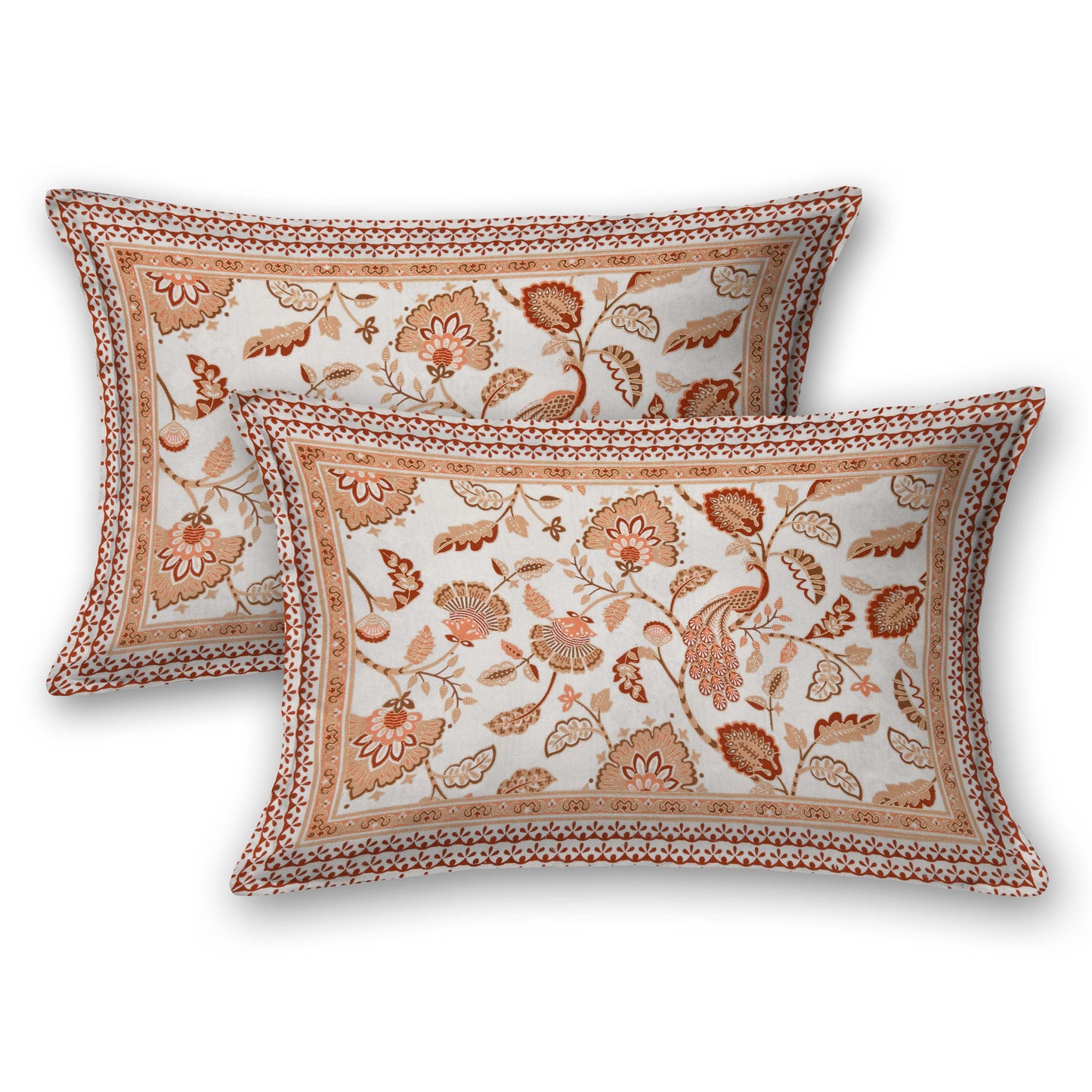 Pure Cotton Printed Bedsheet- Double Bed -Golden Peach Peacock