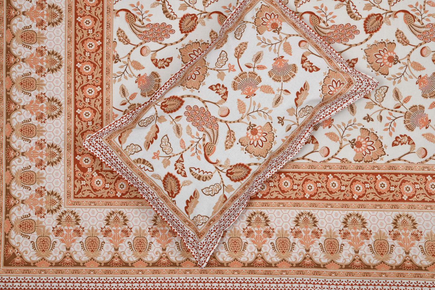 Pure Cotton Printed Bedsheet- Double Bed -Golden Peach Peacock