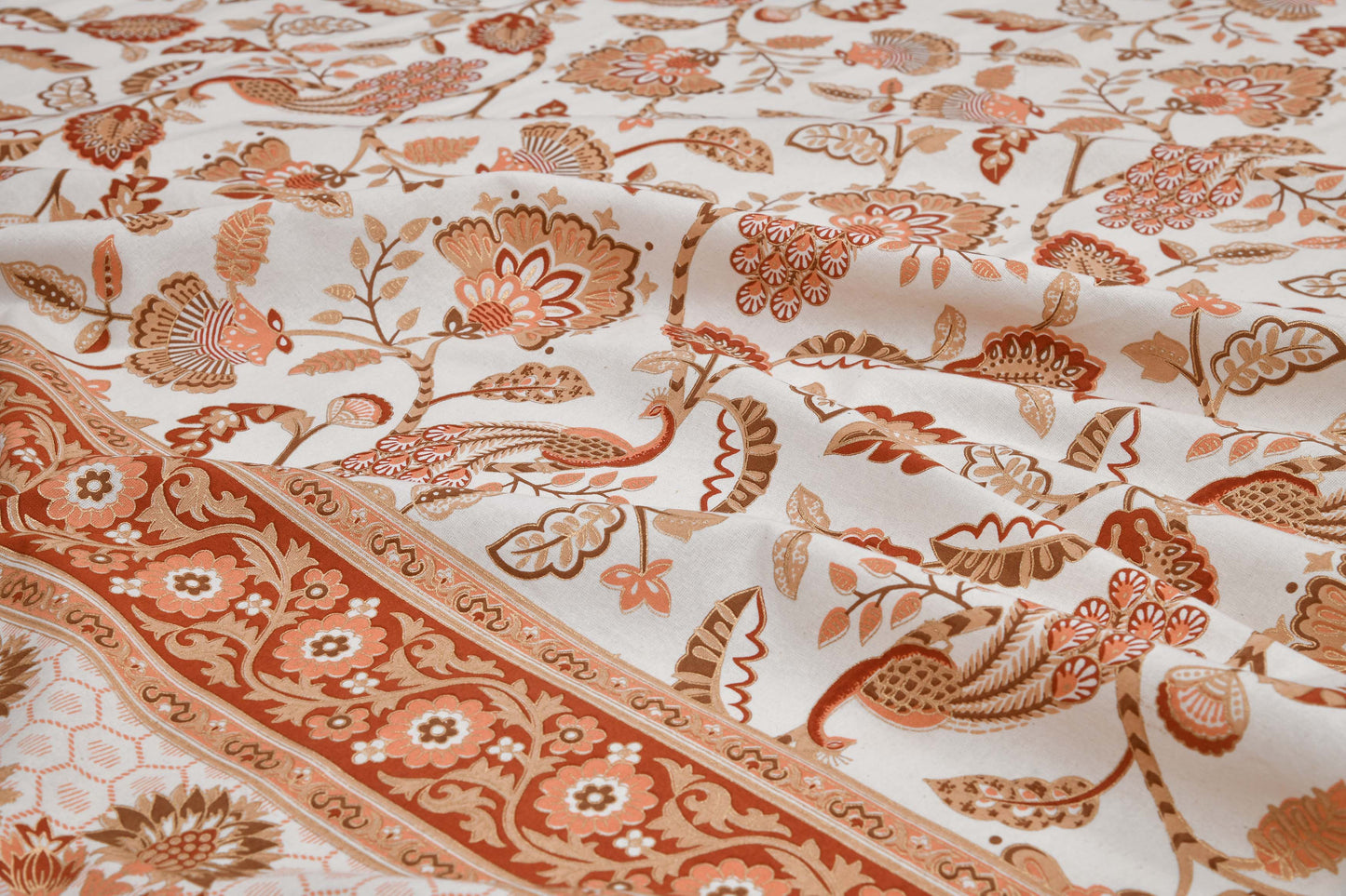 Pure Cotton Printed Bedsheet- Double Bed -Golden Peach Peacock