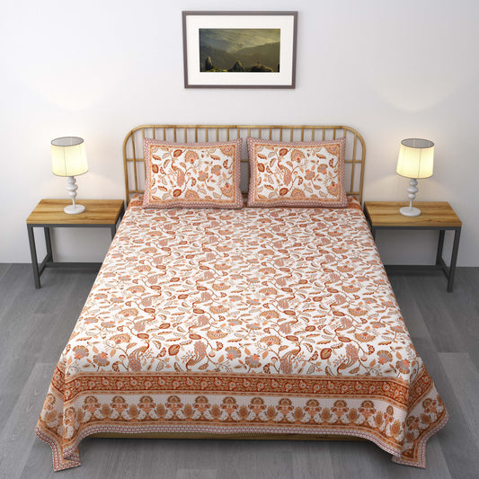 Pure Cotton Printed Bedsheet- Double Bed -Golden Peach Peacock