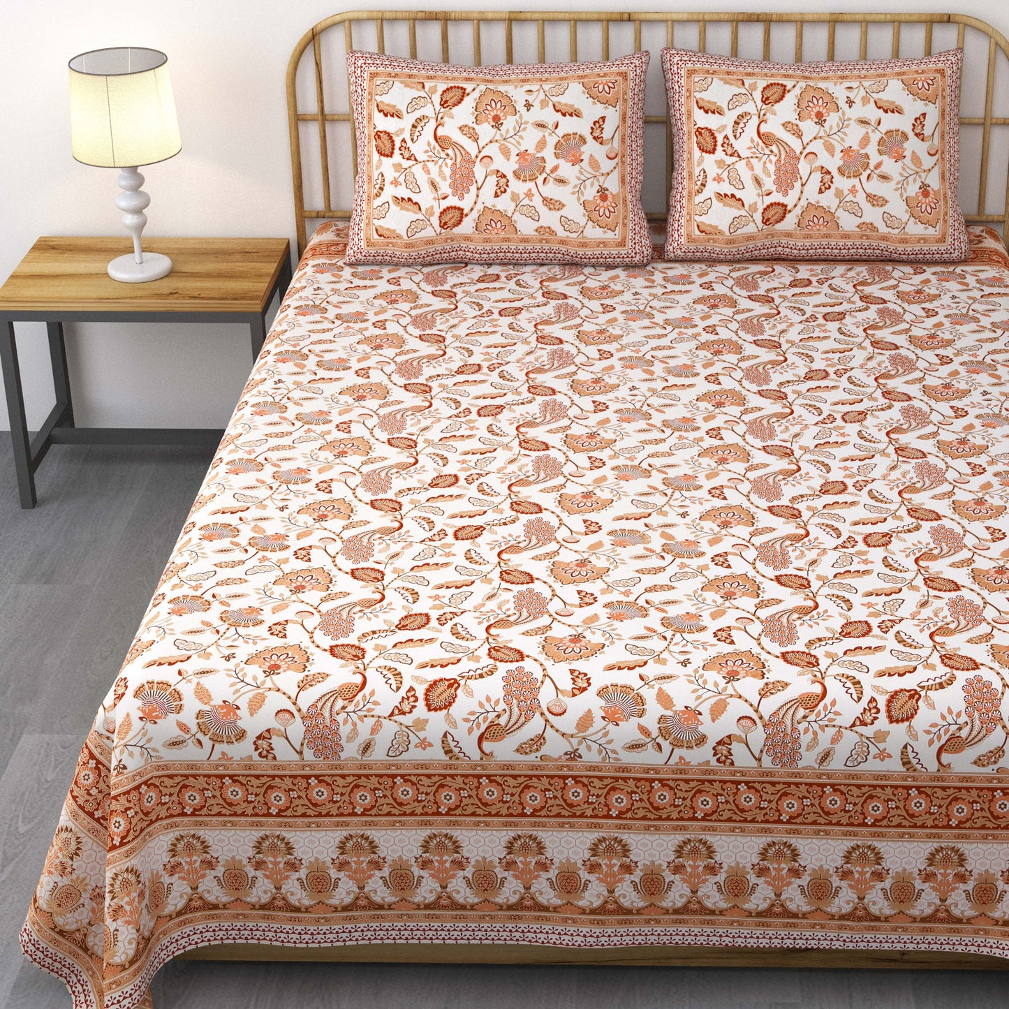 Pure Cotton Printed Bedsheet- Double Bed -Golden Peach Peacock