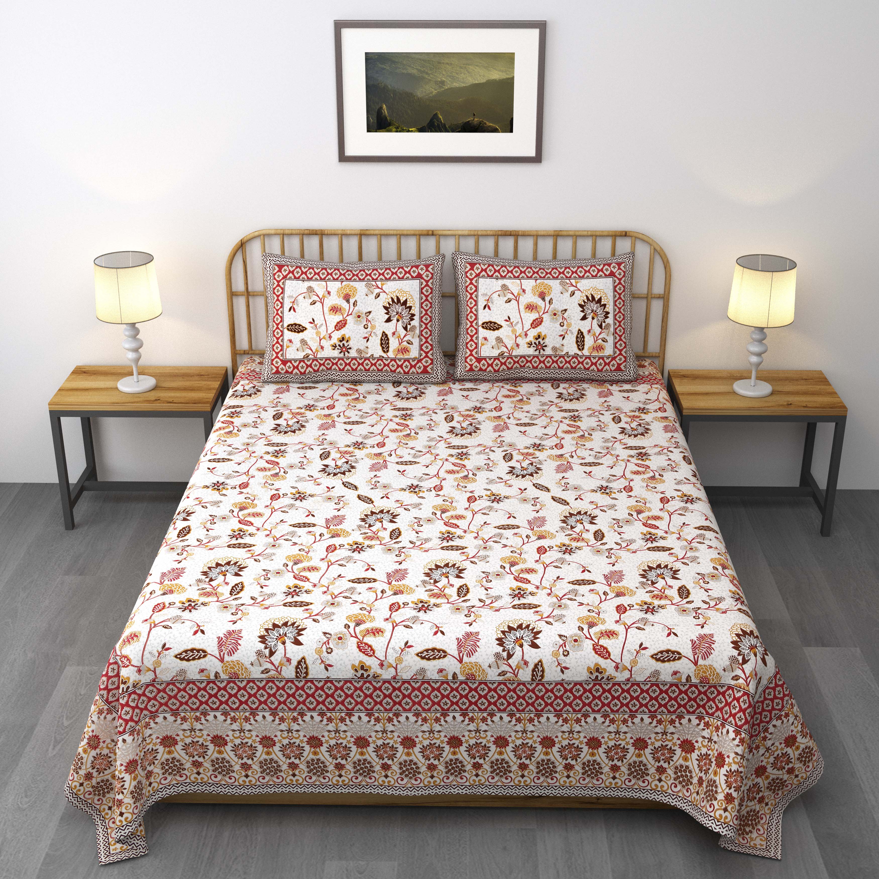 Ethnic Prints Bedsheet- Double Bed -Golden Red Bel Buta
