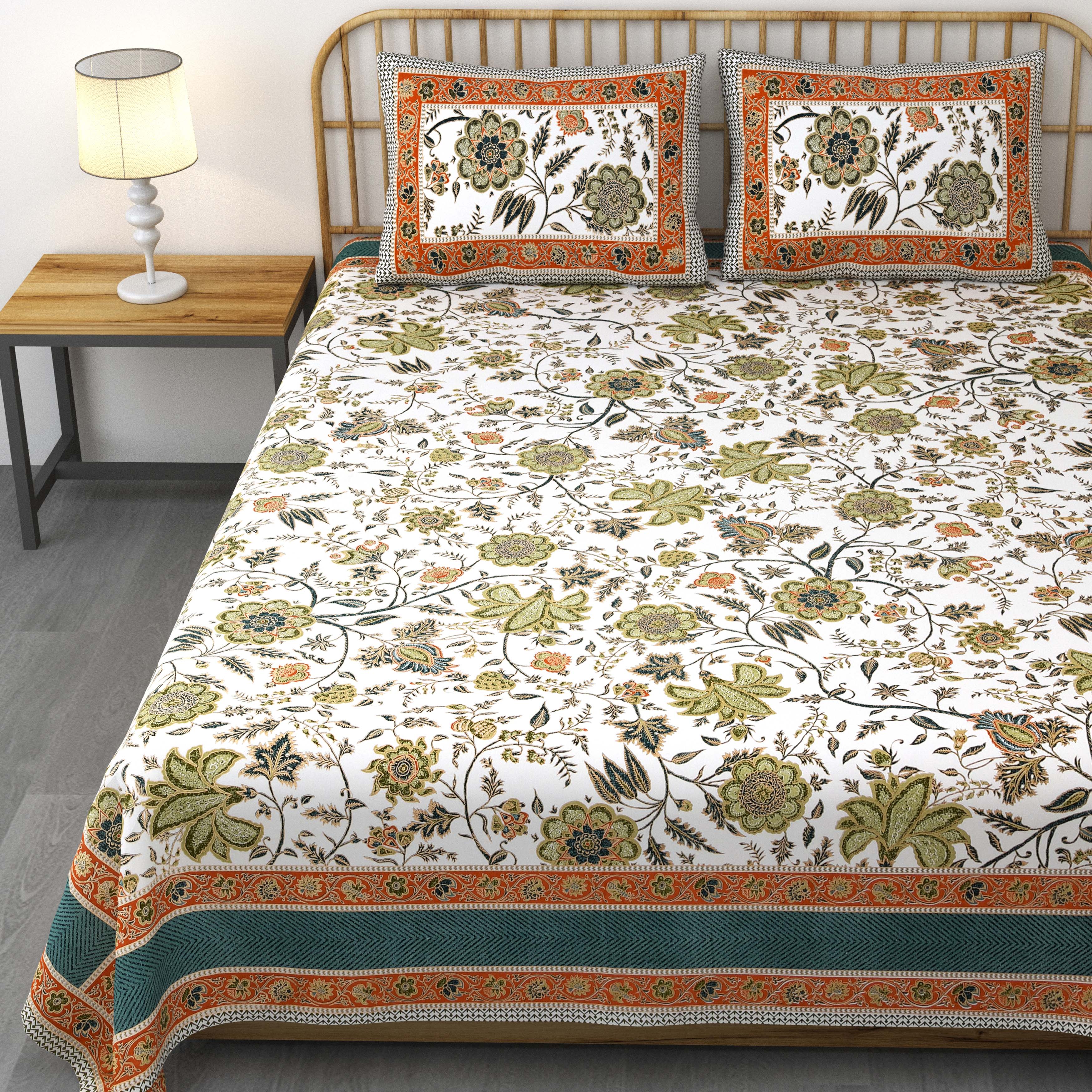 Pure Cotton Printed Bedsheet- Double Bed -Golden Green Flora