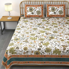 Pure Cotton Printed Bedsheet- Double Bed -Golden Green Flora