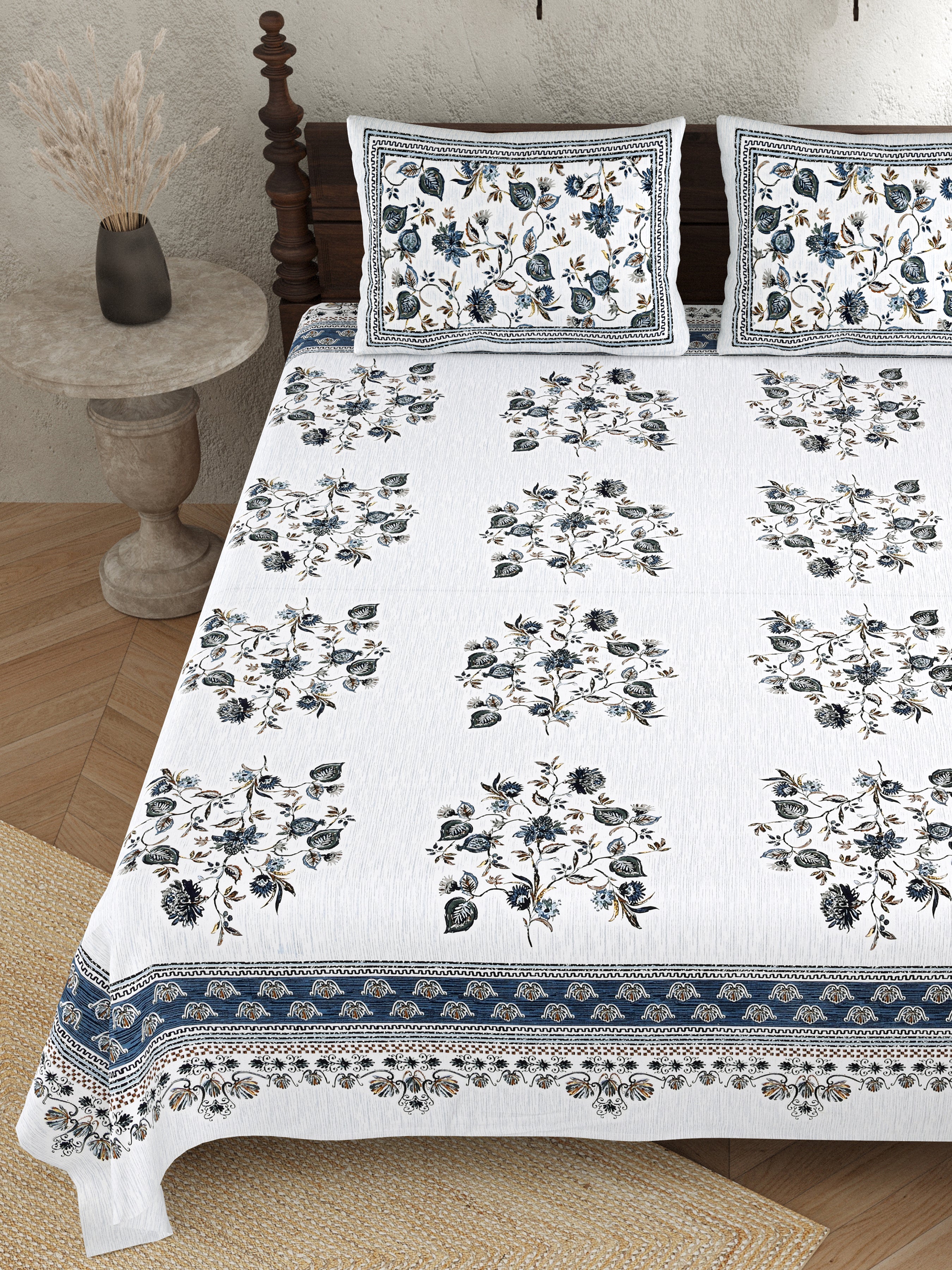 Pure Cotton Printed Bedsheet-Double Bed-Flower Vase - Blue