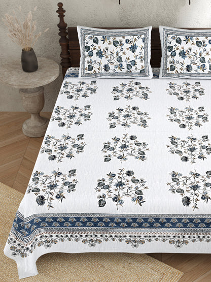 Pure Cotton Print Bedsheet-Double Bed-Multi Floral - Blue