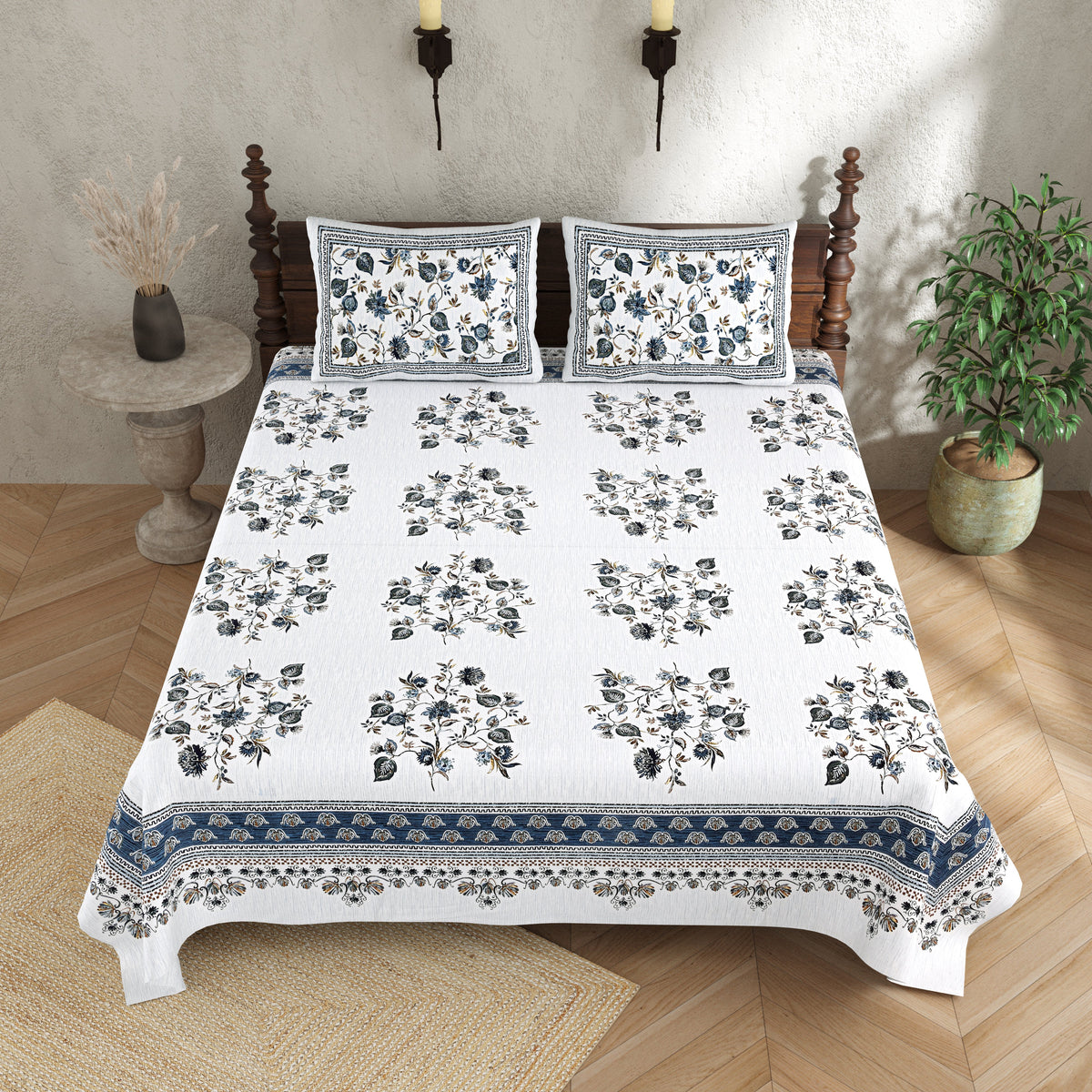 Pure Cotton Printed Bedsheet-Double Bed-Flower Vase - Blue