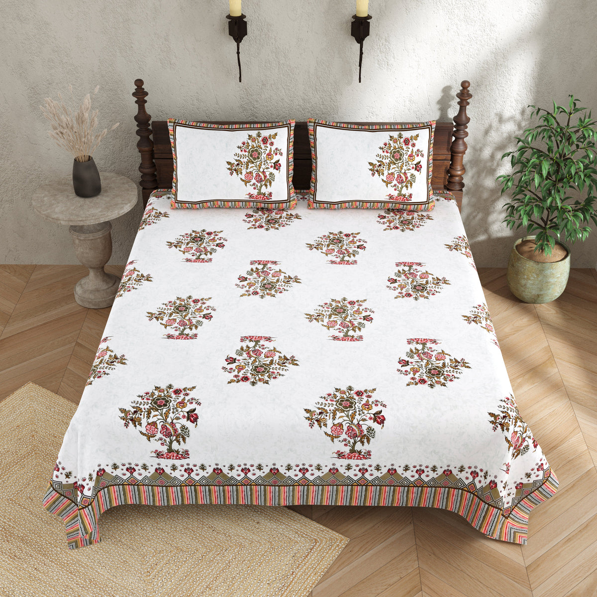 Pure Cotton Print Bedsheet - Double Bed - Blossom Tree - Pink n Olive green