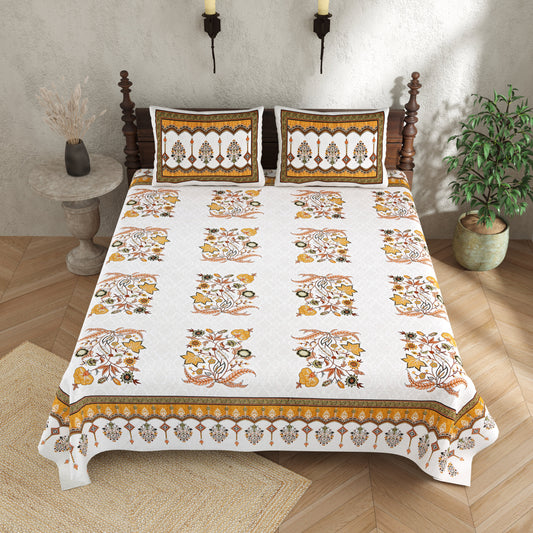 Pure Cotton Print Bedsheet-Double Bed-Mughal Buta-Yellow