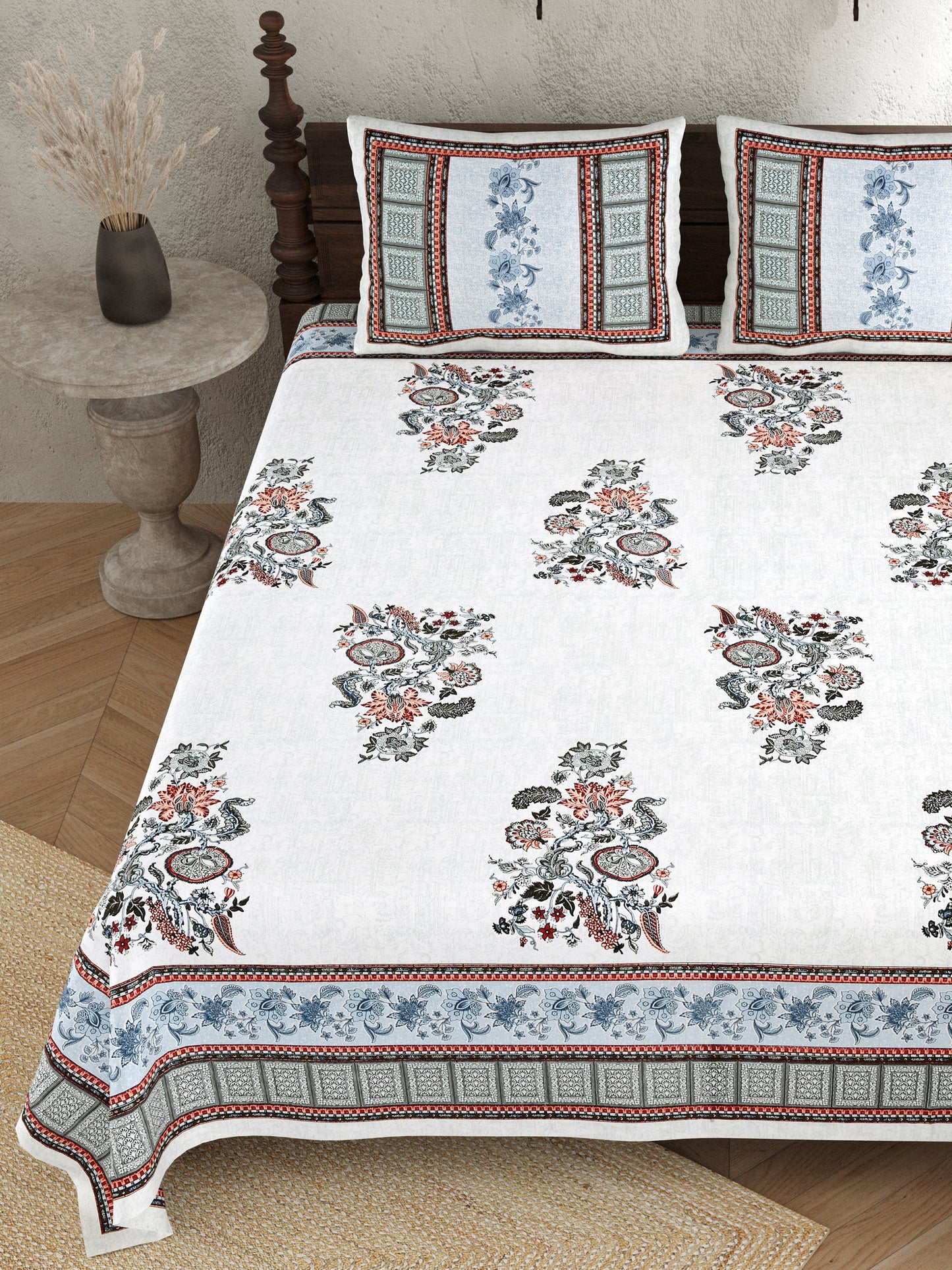 Pure Cotton Print Bedsheet - Double Bed- Bel Buta- Blue n Multi