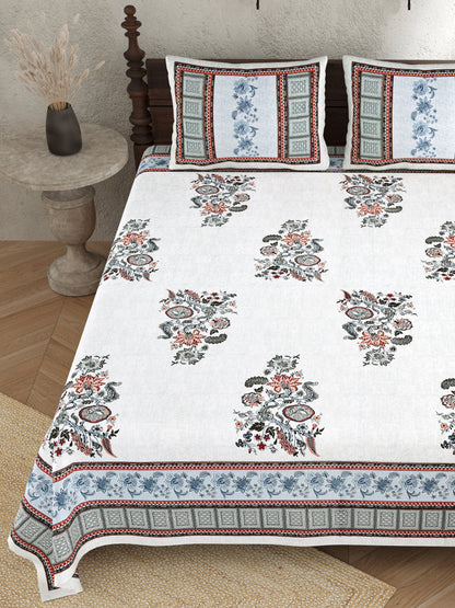 Pure Cotton Print Bedsheet - Double Bed- Bel Buta- Blue n Multi