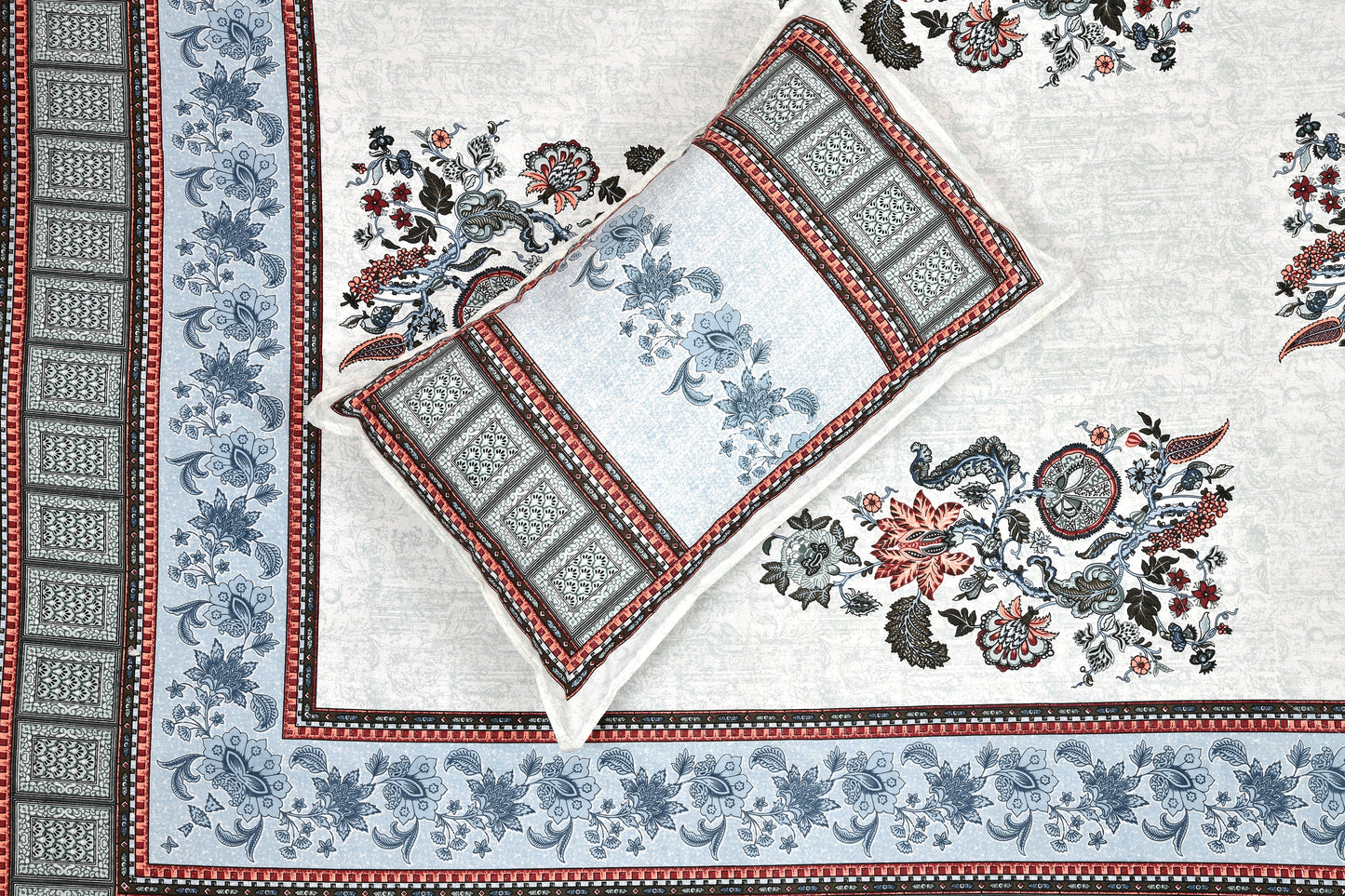 Pure Cotton Print Bedsheet - Double Bed- Bel Buta- Blue n Multi