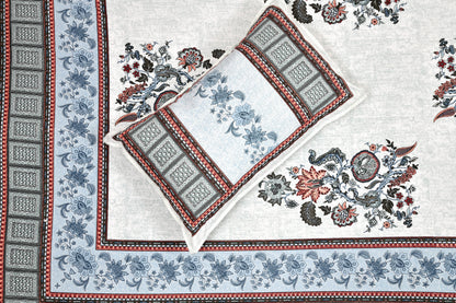 Pure Cotton Print Bedsheet - Double Bed- Bel Buta- Blue n Multi